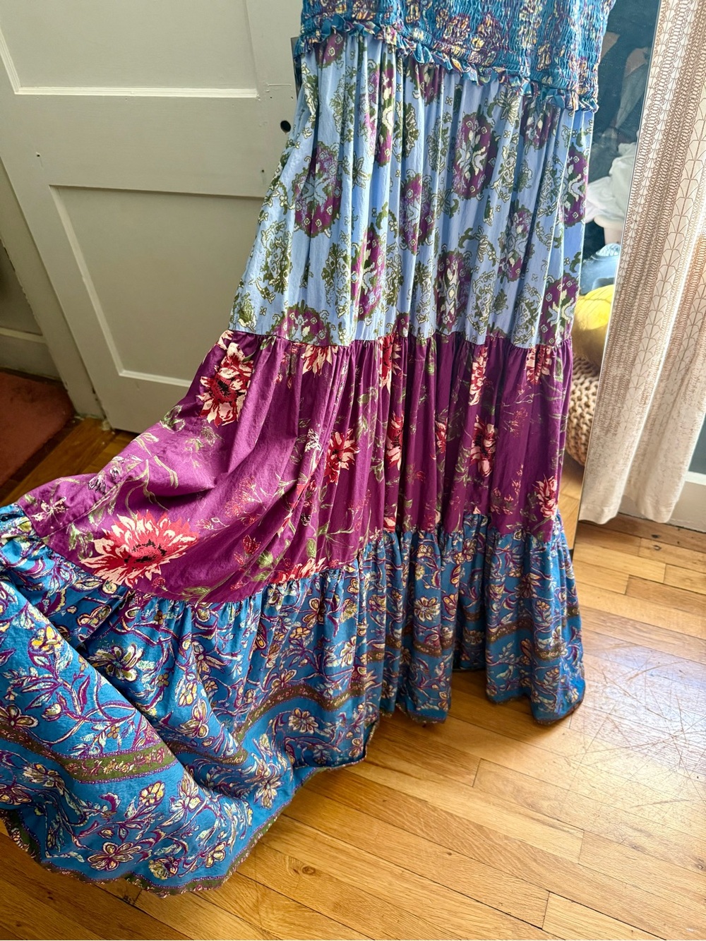 Free People Blue Floral Maxi Dress with Hunter green bow straps - Picture 3 of 3